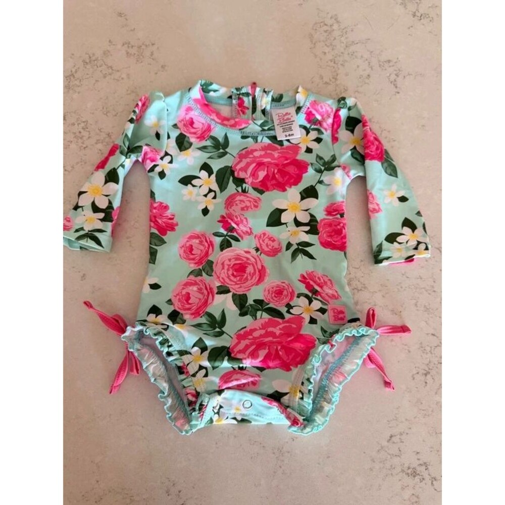 RuffleButts Aqua Floral Ruffle Long Sleeve Infant Swimsuit, 3–6M